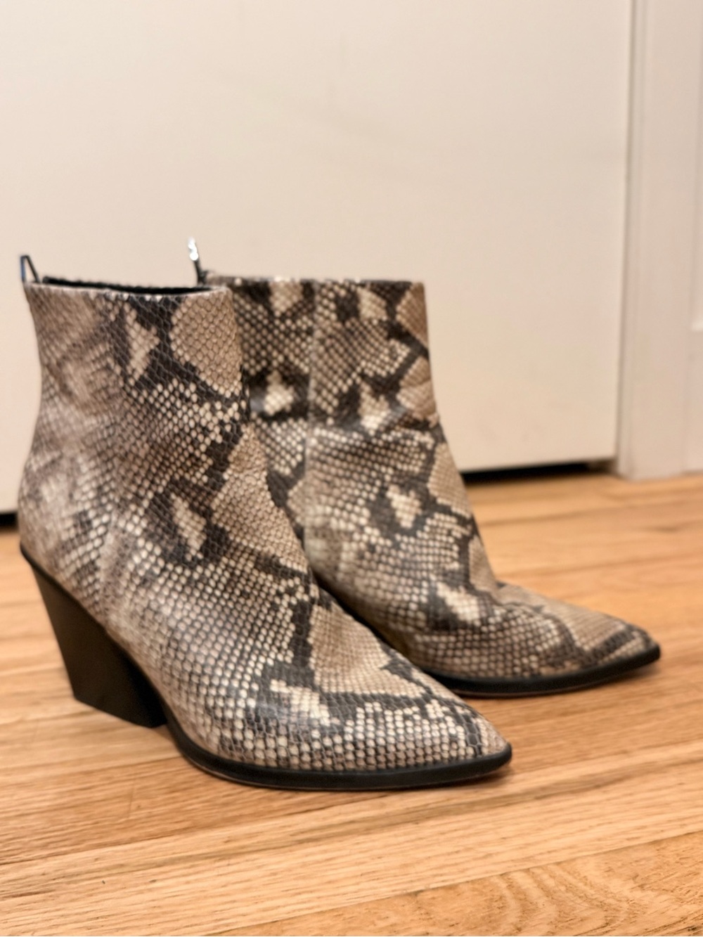 Dolce Vita Snake-Print Pointed Ankle Boot in Beige and Black